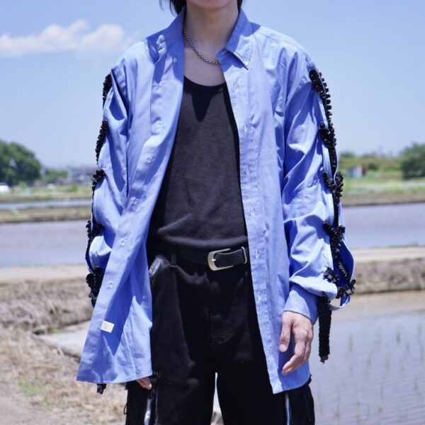 "LACE-UP" RalphLauren sax blue × black frill lace-up shirt