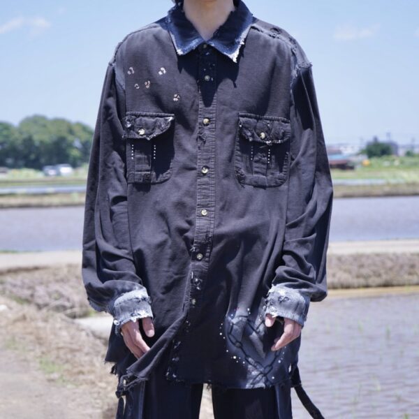 "ANARCHY × ラインストーン" star motif BORO custom shirt