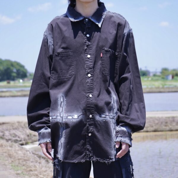 "ANARCHY × ラインストーン" cross motif BORO custom shirt