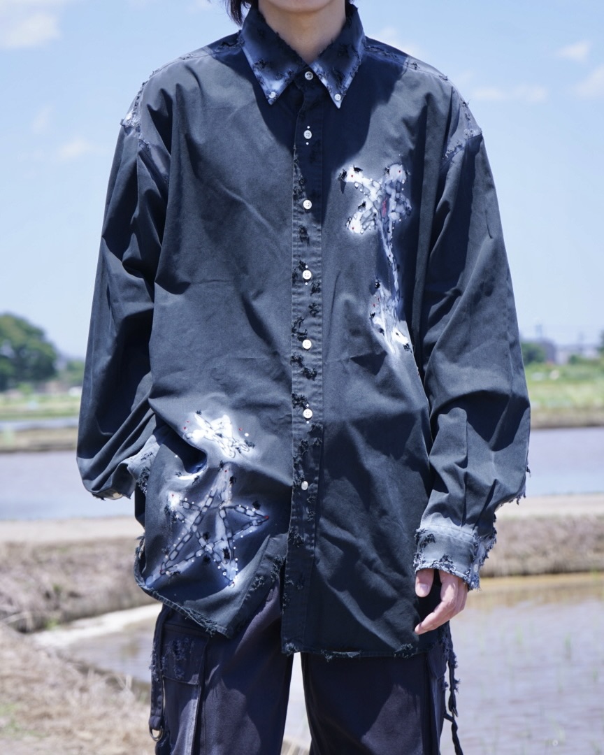 "ANARCHY × ラインストーン" star motif BORO custom shirt