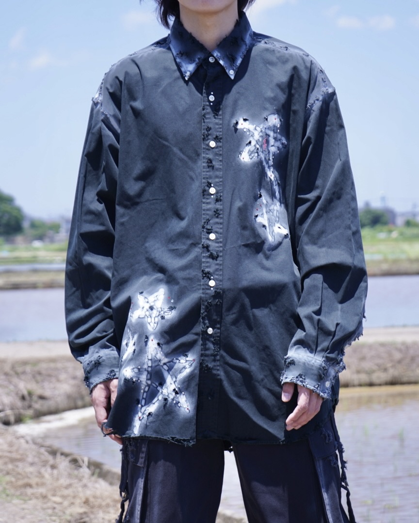 "ANARCHY × ラインストーン" star motif BORO custom shirt