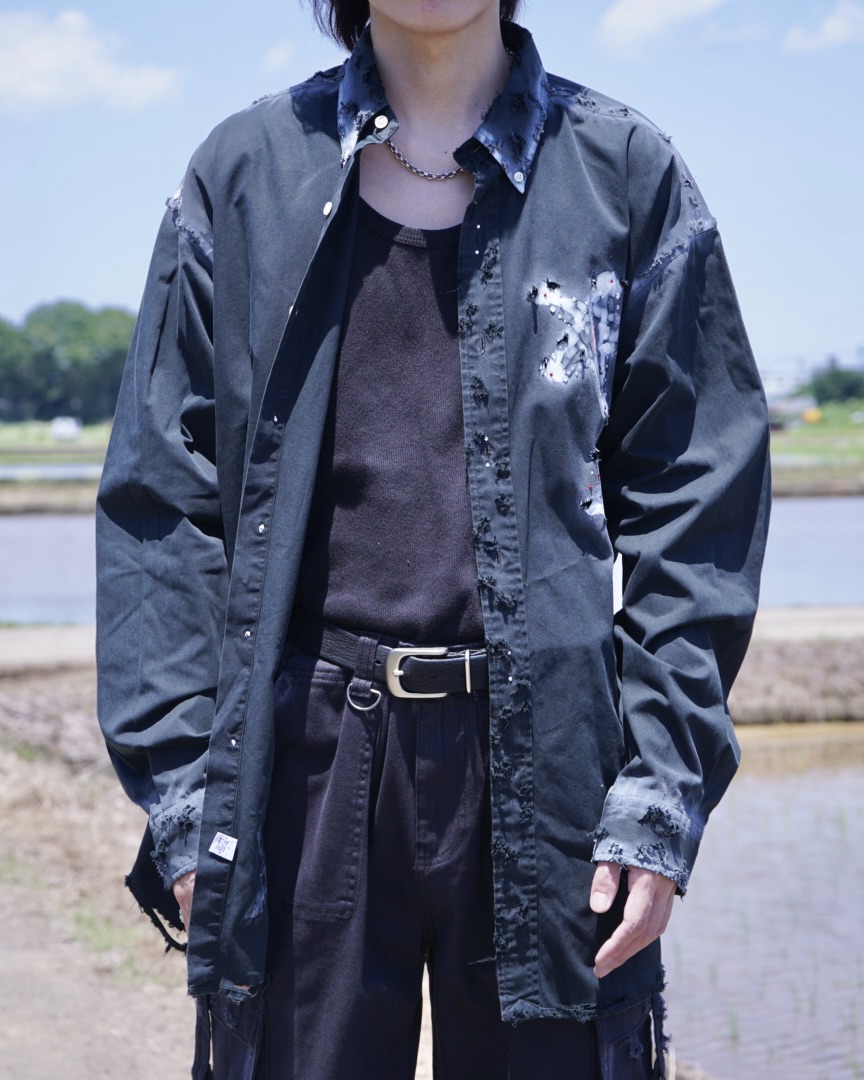 "ANARCHY × ラインストーン" star motif BORO custom shirt