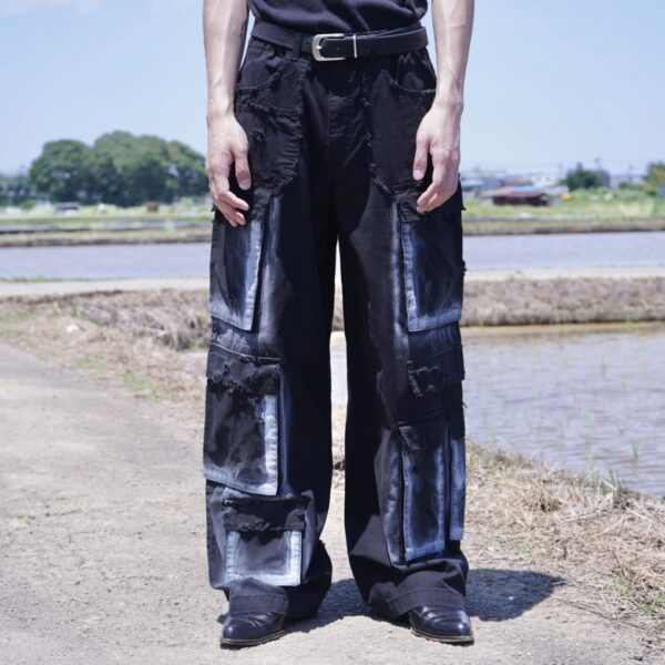 "ANARCHY" white spray "BORO" custom multi pocket tech pants