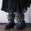 【Remake】Green × Glossy Black Ribbon Loose Socks