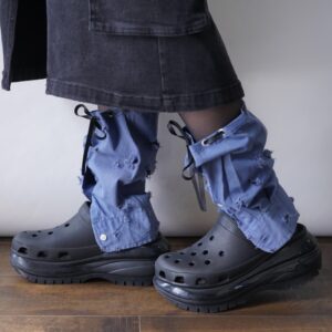 【Remake】Sax Blue × Leather Black Ribbon Loose Socks