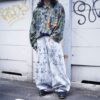 "Wall Paint" ancient motif white baggy remake pants