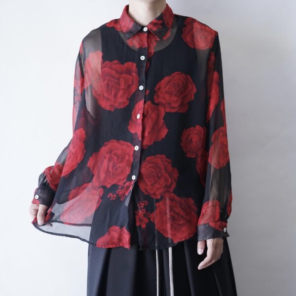"モードど真ん中全力ストレート"  black × red flower graphic see-through shirt