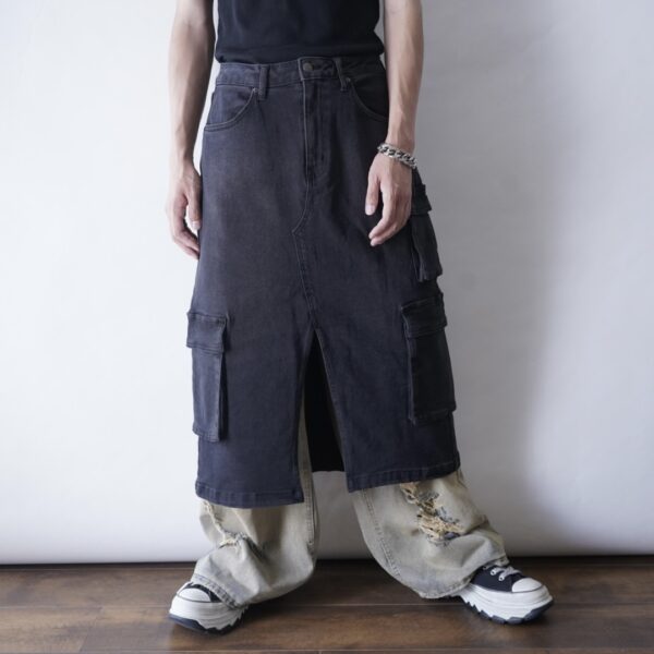 "メンズ提案スカートの珍品" black denim cargo skirt