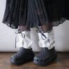 【Remake】White × Leather Black Ribbon Loose Socks