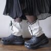 【Remake】White × Leather Black Ribbon Loose Socks