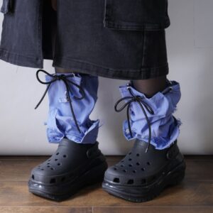 【Remake】Sax Blue × Glossy Black Ribbon Loose Socks