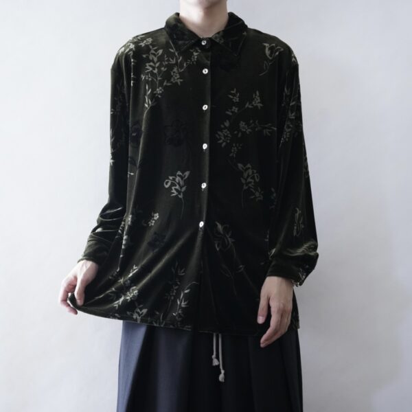 【送料無料】glossy moss green velours shirt