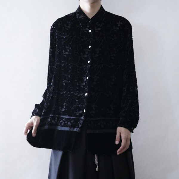 【送料無料】flower pattern hem design velours × see-through shirt