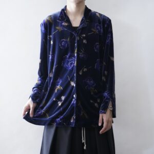 【送料無料】dark blue gold flower art velours shirt