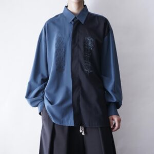 blue green × black asymmetry embroidery shirt