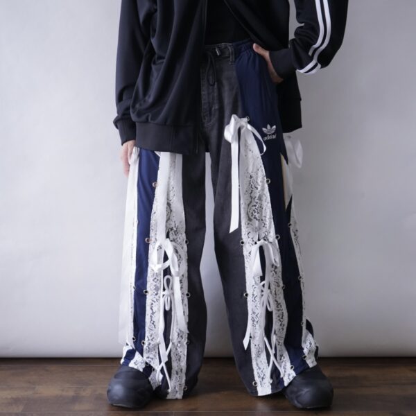 【Remake】"Docking Lace-Up" adidas × Wrangler denim docking lace up wide baggy denim pants