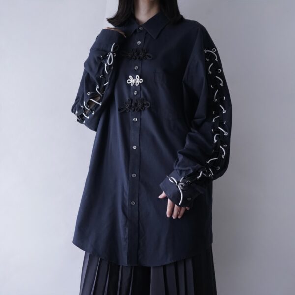 【Remake】"Lace-Up & China" multi code black shirt