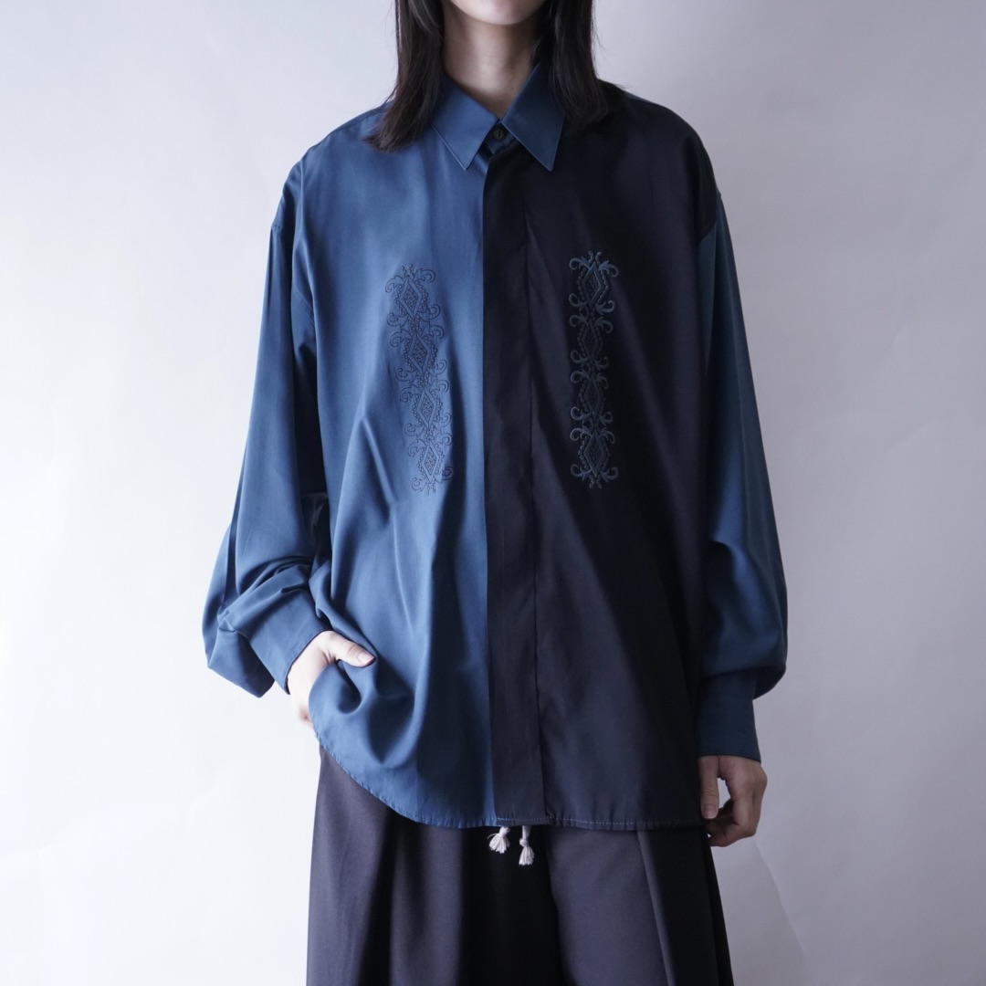 blue green × black asymmetry embroidery shirt