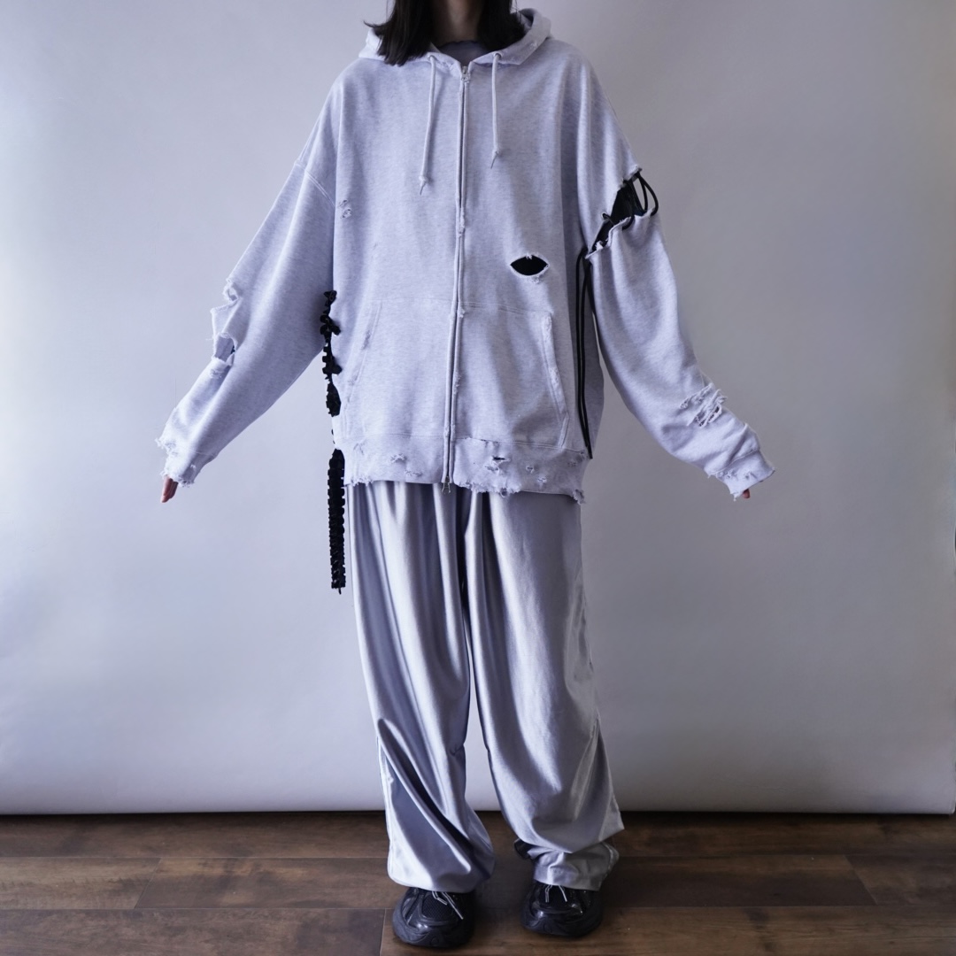 【Remake / Lace-up】asymmetry shoulder & frill lace up parka