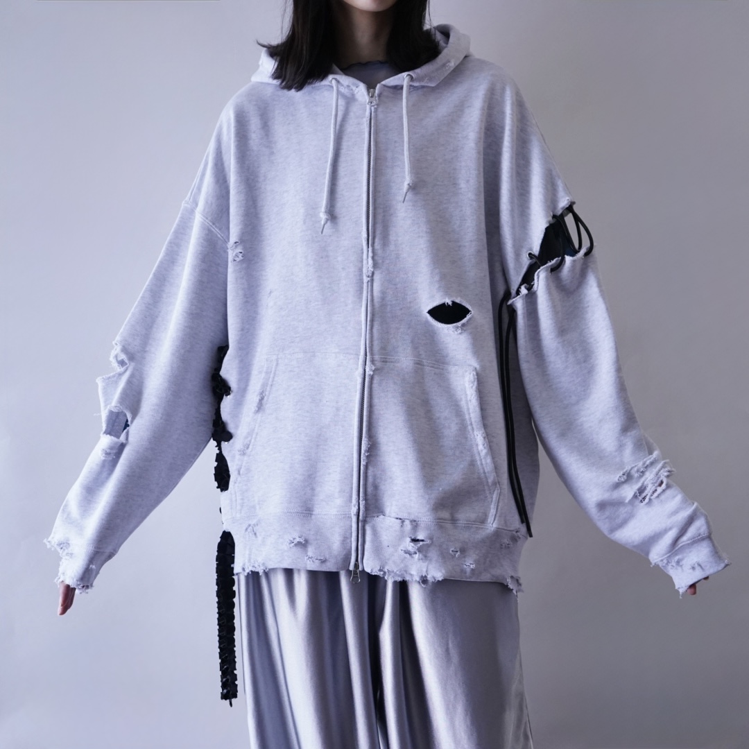 【Remake / Lace-up】asymmetry shoulder & frill lace up parka