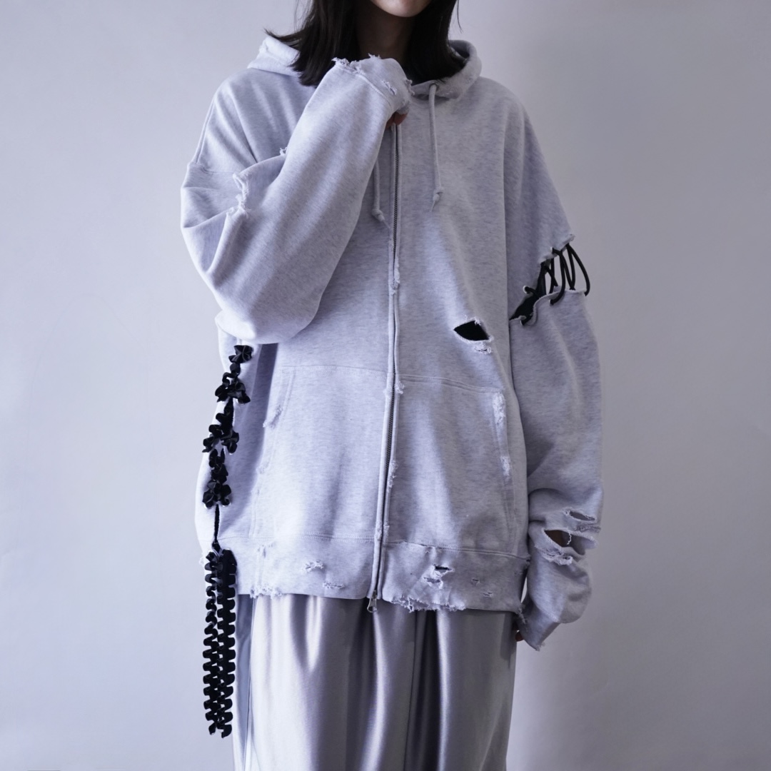 【Remake / Lace-up】asymmetry shoulder & frill lace up parka