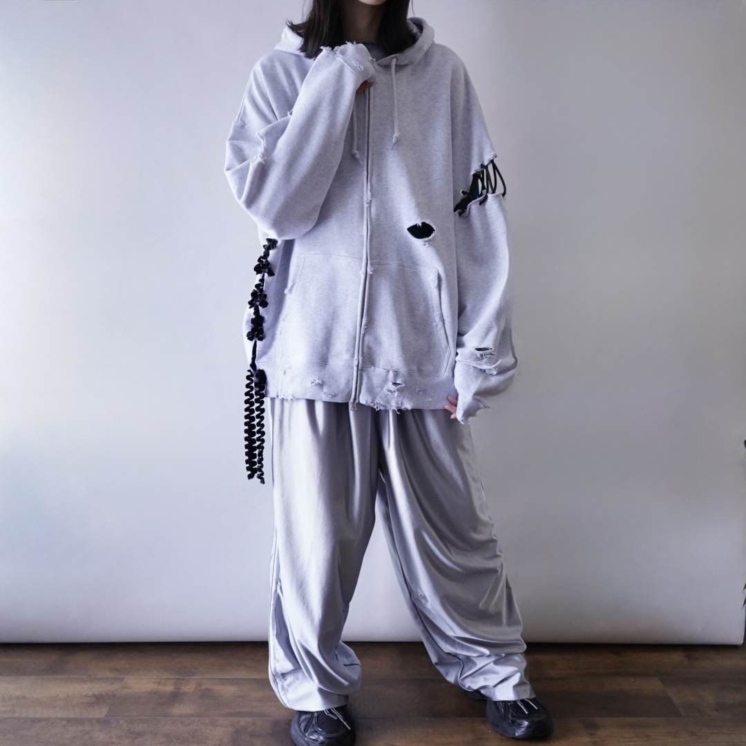 【Remake / Lace-up】asymmetry shoulder & frill lace up parka