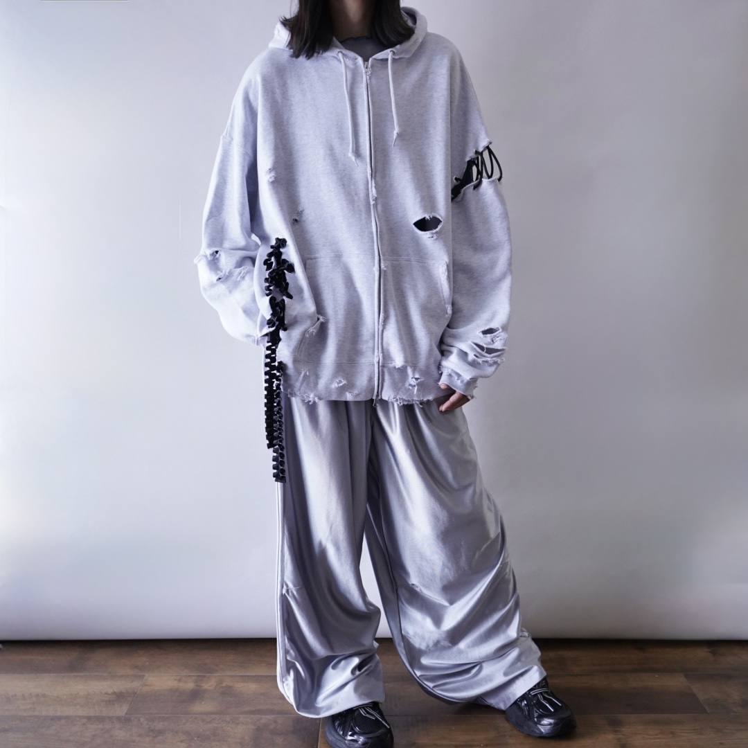 【Remake / Lace-up】asymmetry shoulder & frill lace up parka