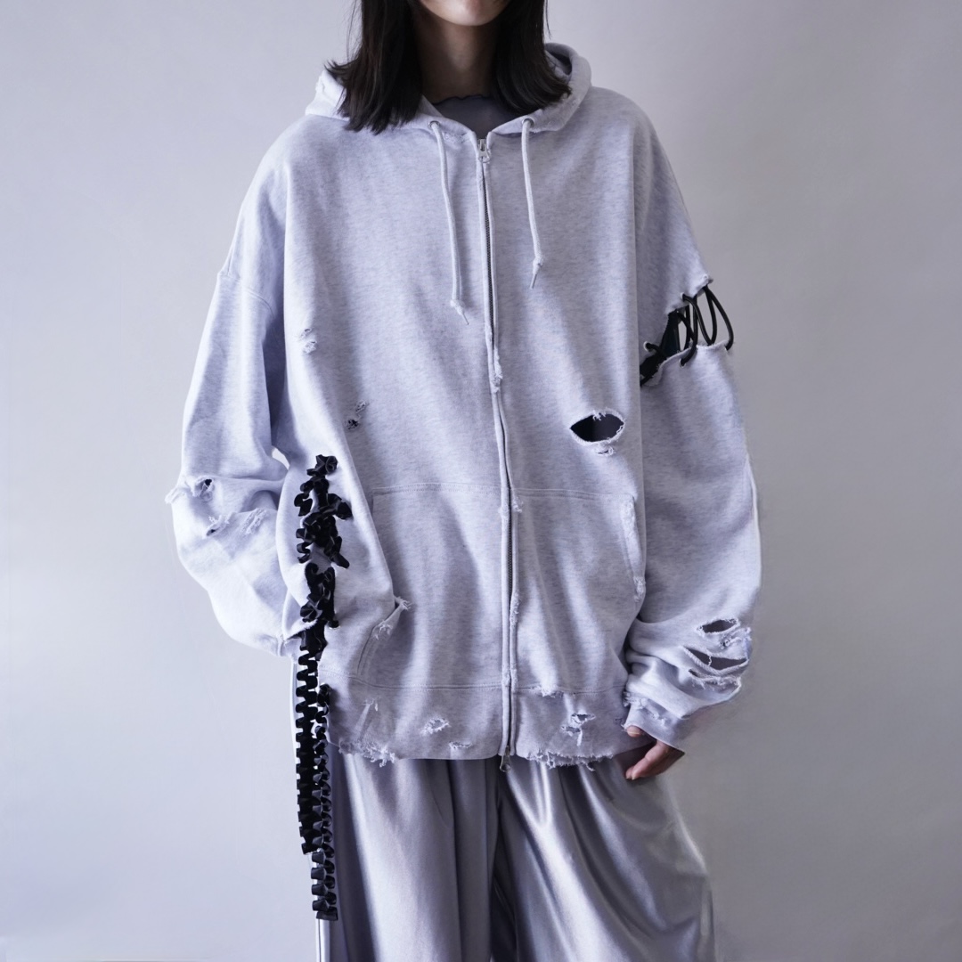 【Remake / Lace-up】asymmetry shoulder & frill lace up parka