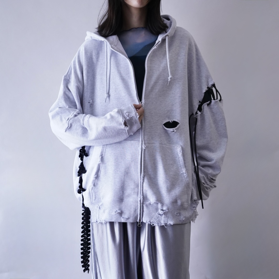 【Remake / Lace-up】asymmetry shoulder & frill lace up parka