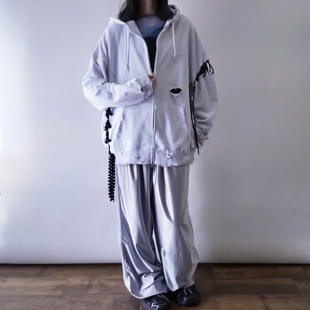 【Remake / Lace-up】asymmetry shoulder & frill lace up parka