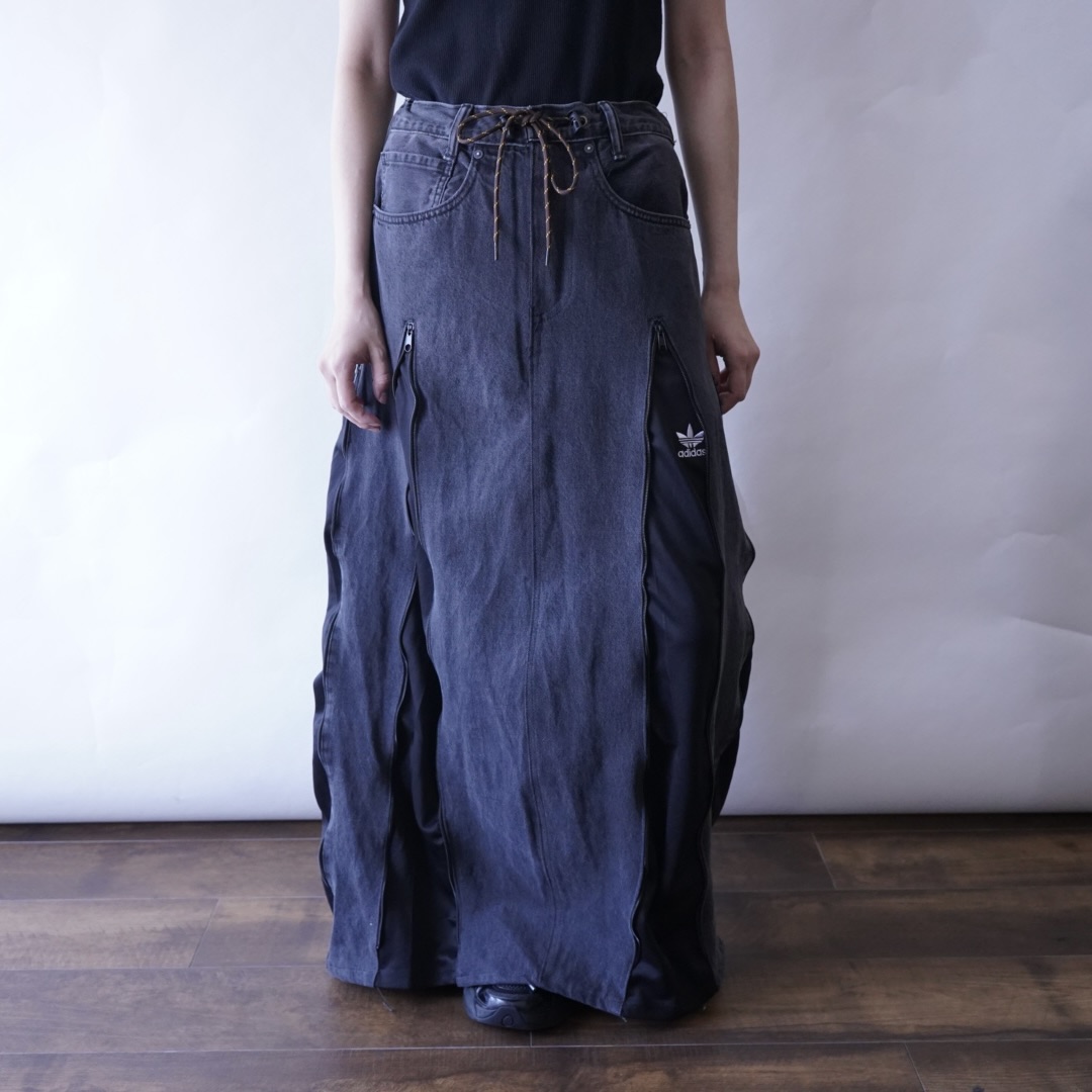 【Docking Remake】"adidas" track pants × black denim zip skirt