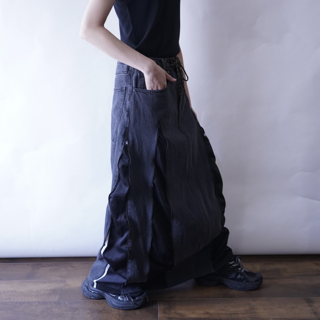 【Docking Remake】"adidas" track pants × black denim zip skirt