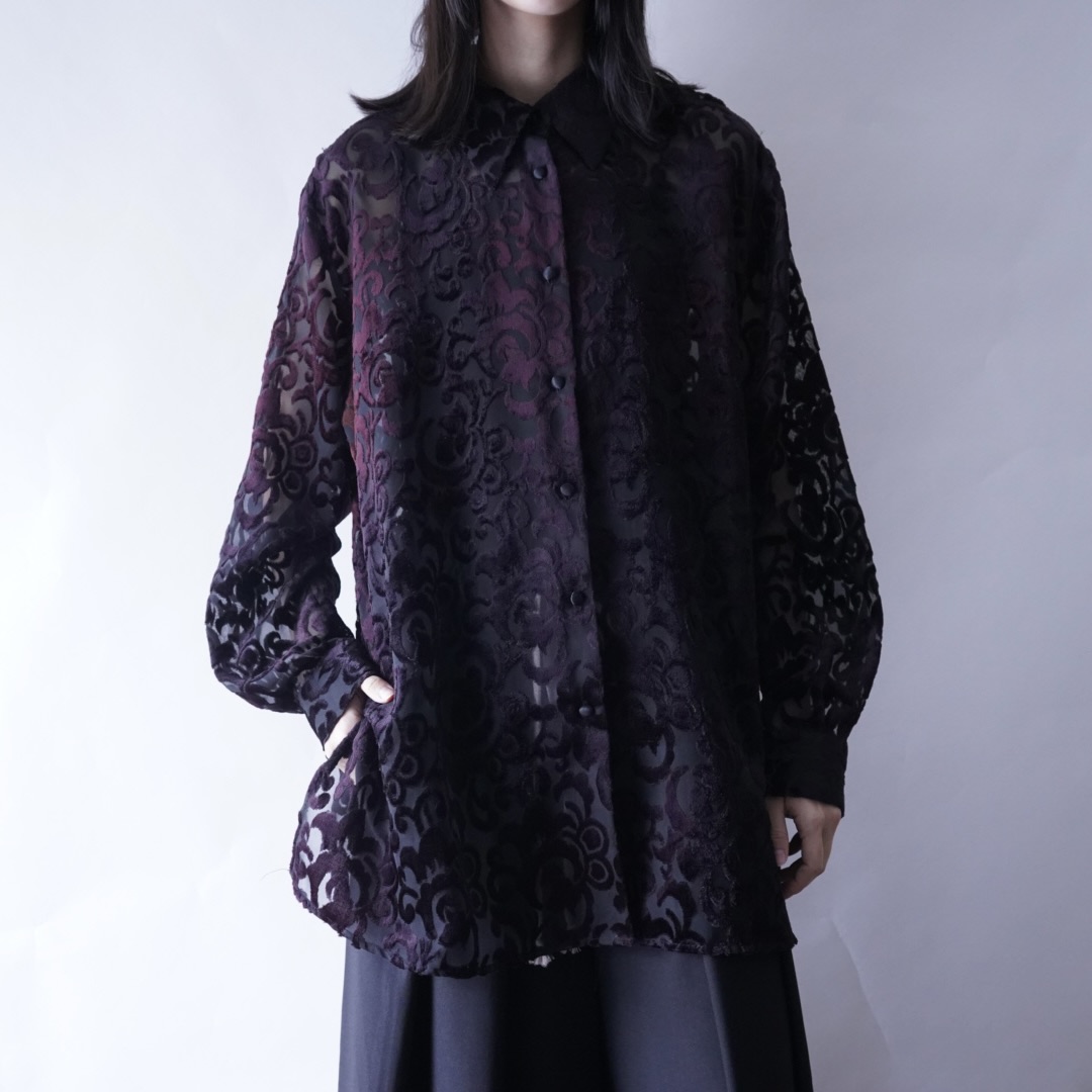 oversized burgundy velours × see-through shirt