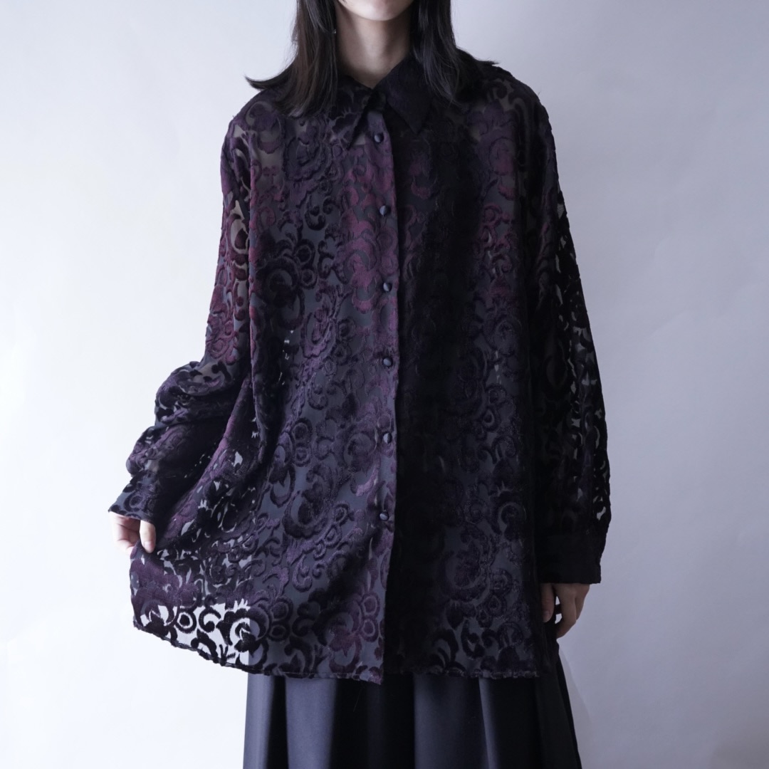 oversized burgundy velours × see-through shirt