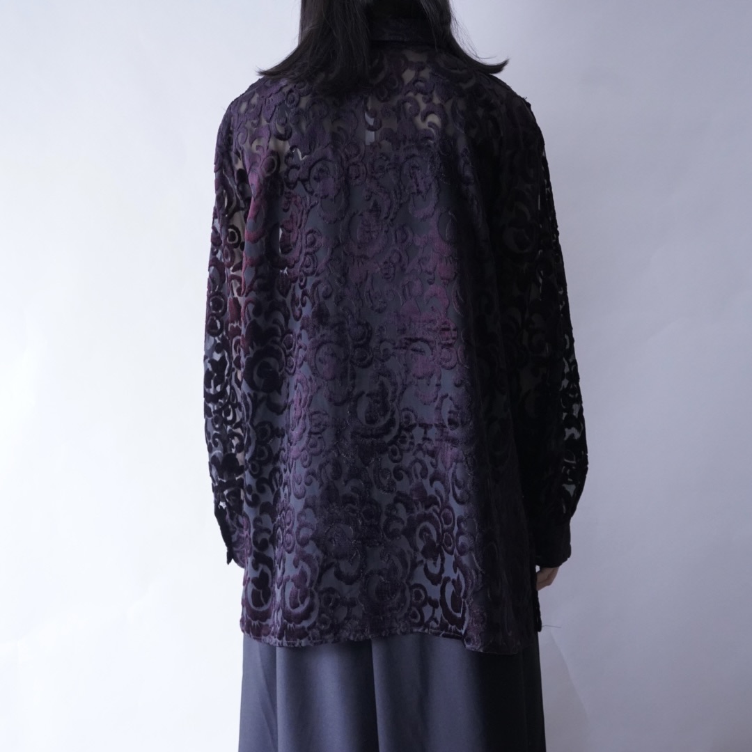 oversized burgundy velours × see-through shirt