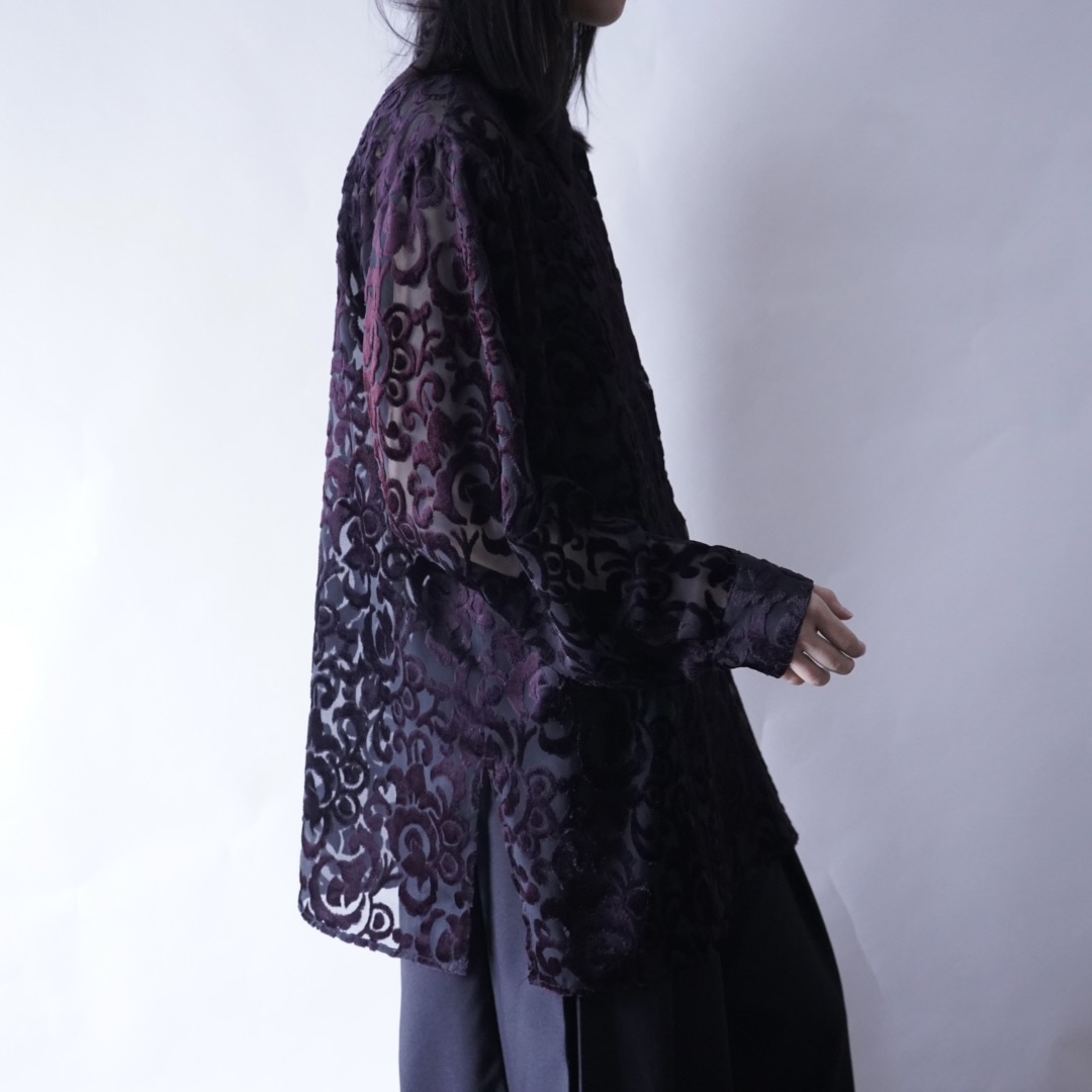 oversized burgundy velours × see-through shirt