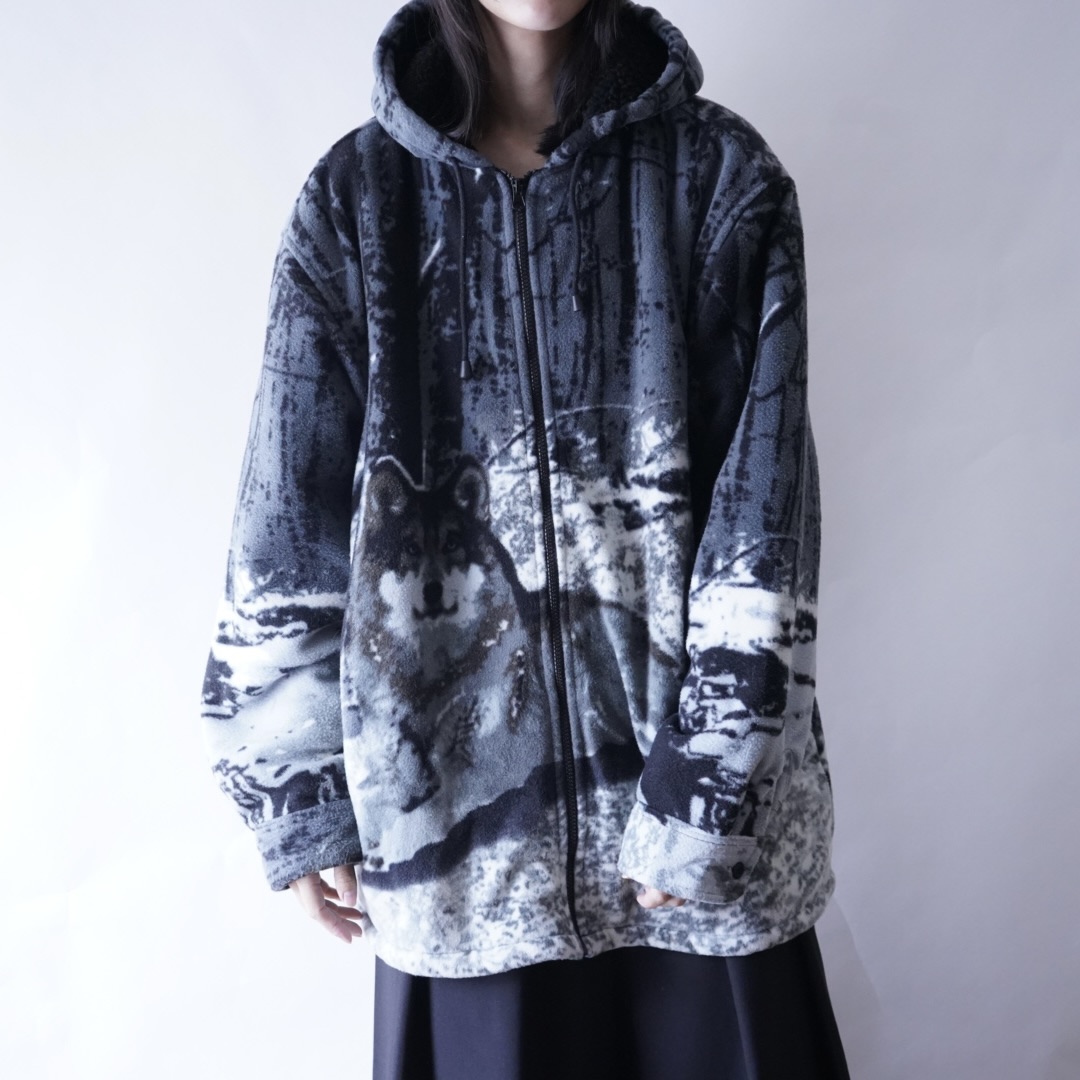 oversized wolf graphic animal design fleece full zip parka