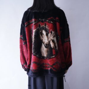 black × red horse graphic boa fleece animal jacket