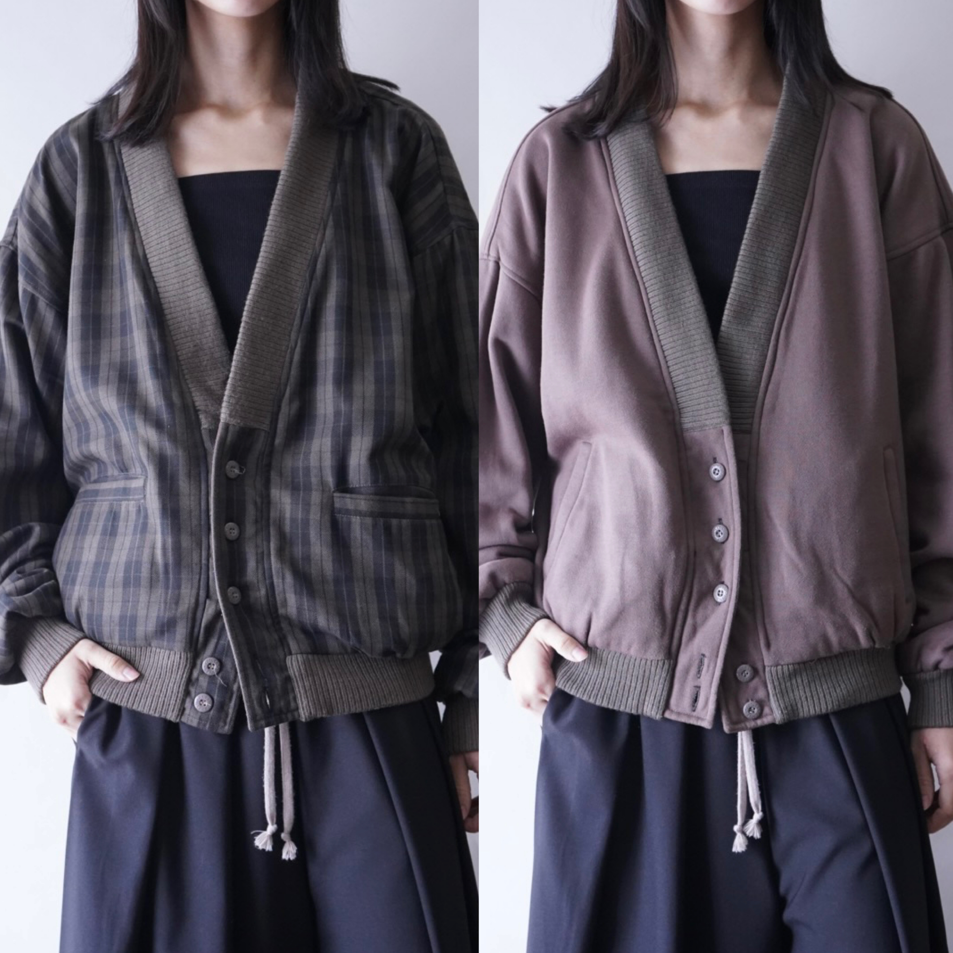 bitter check pattern × earth color reversible sweat cardigan