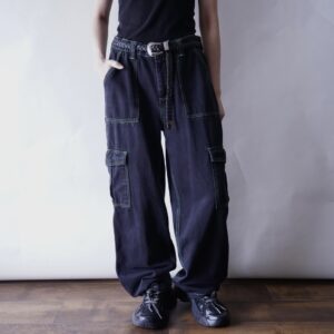 black × green razor color denim cargo pants