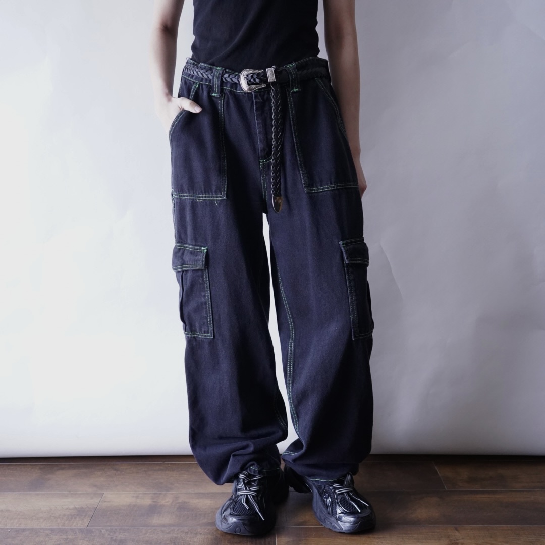 black × green razor color denim cargo pants
