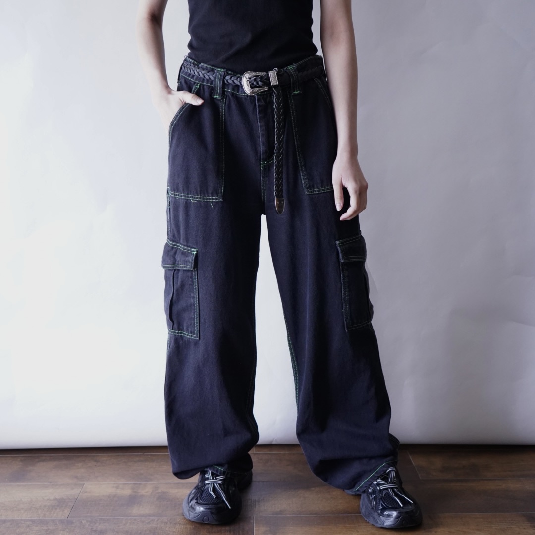 black × green razor color denim cargo pants