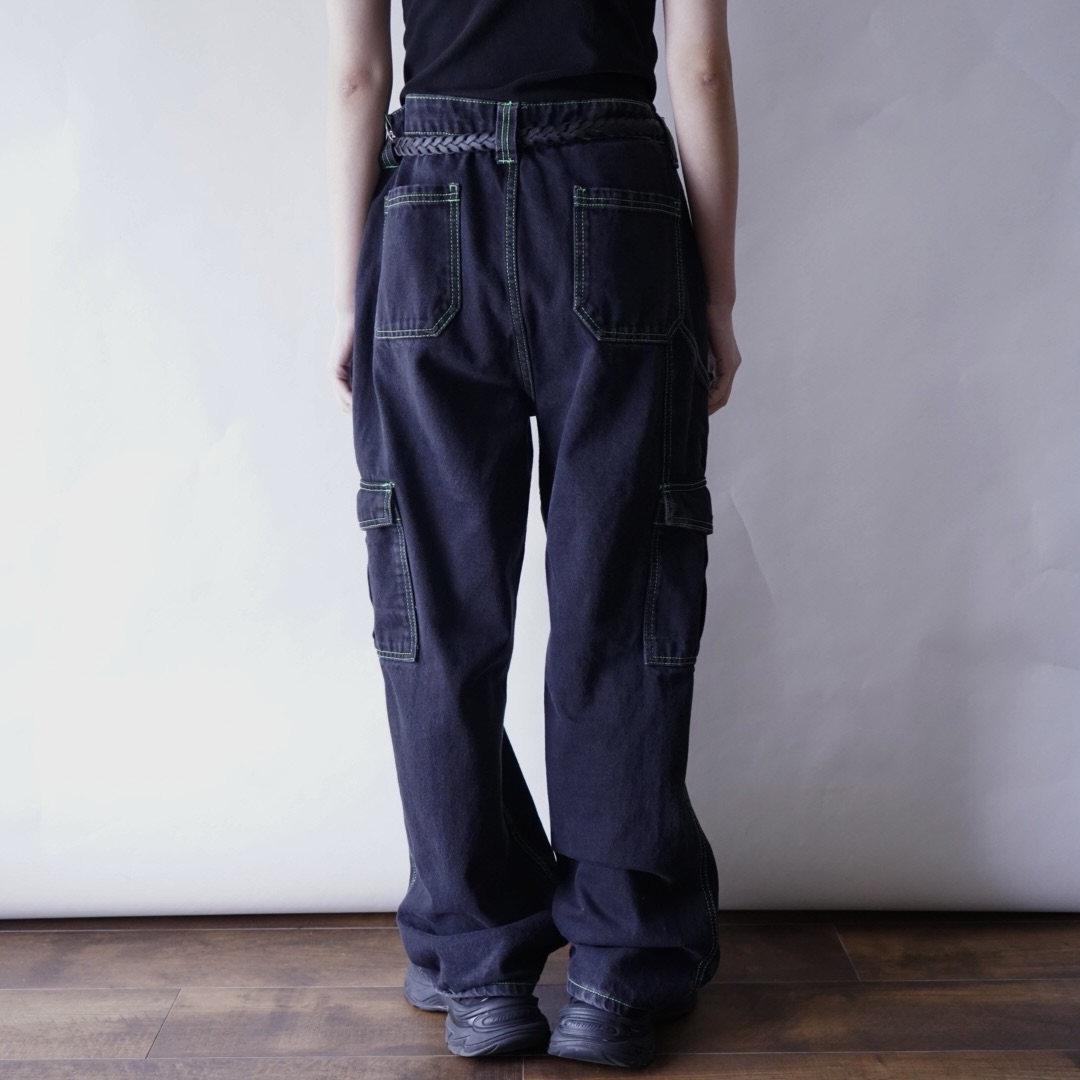 black × green razor color denim cargo pants