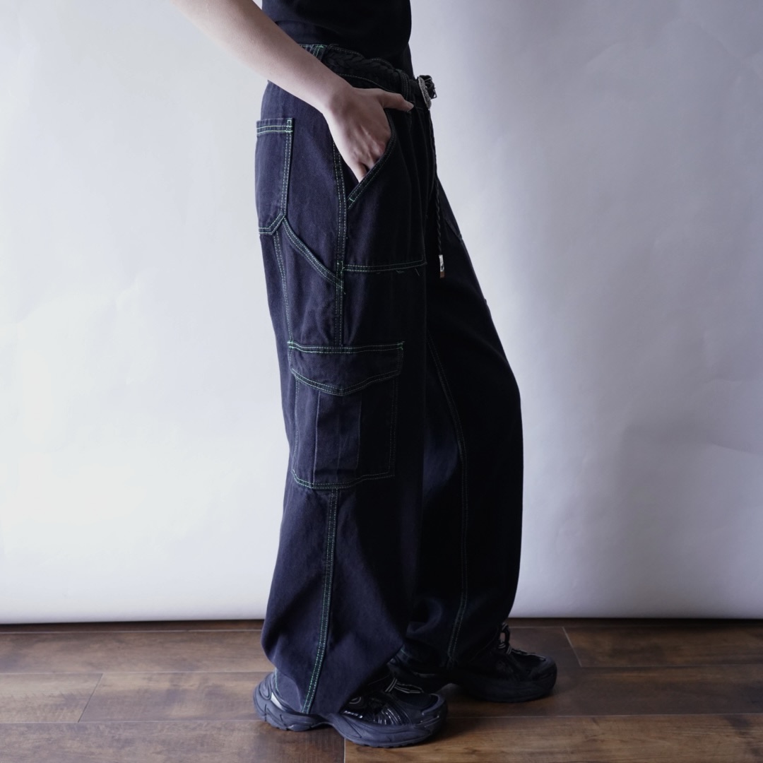 black × green razor color denim cargo pants