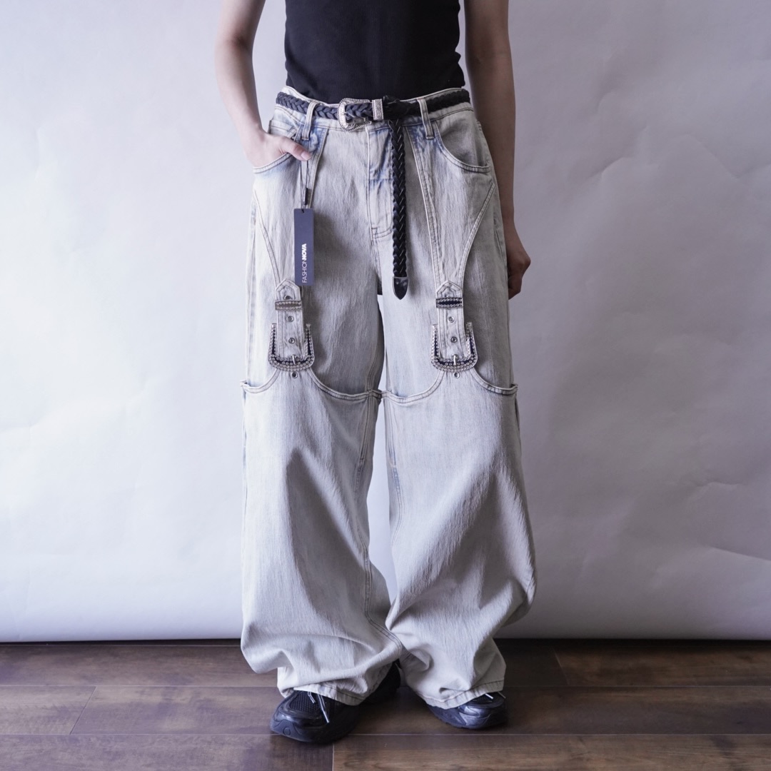 Y2K design bijou ornamental ice blue denim baggy pants