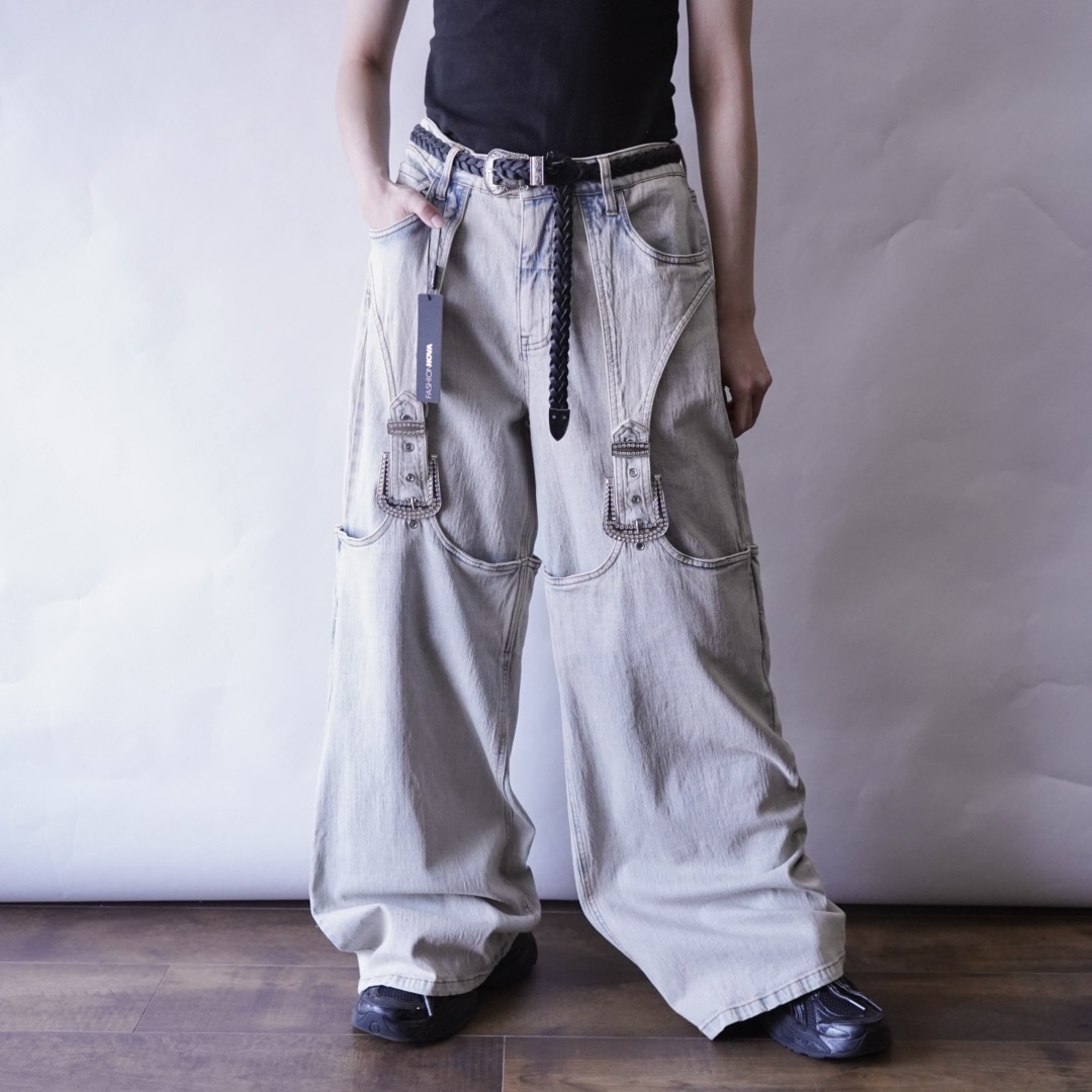 Y2K design bijou ornamental ice blue denim baggy pants