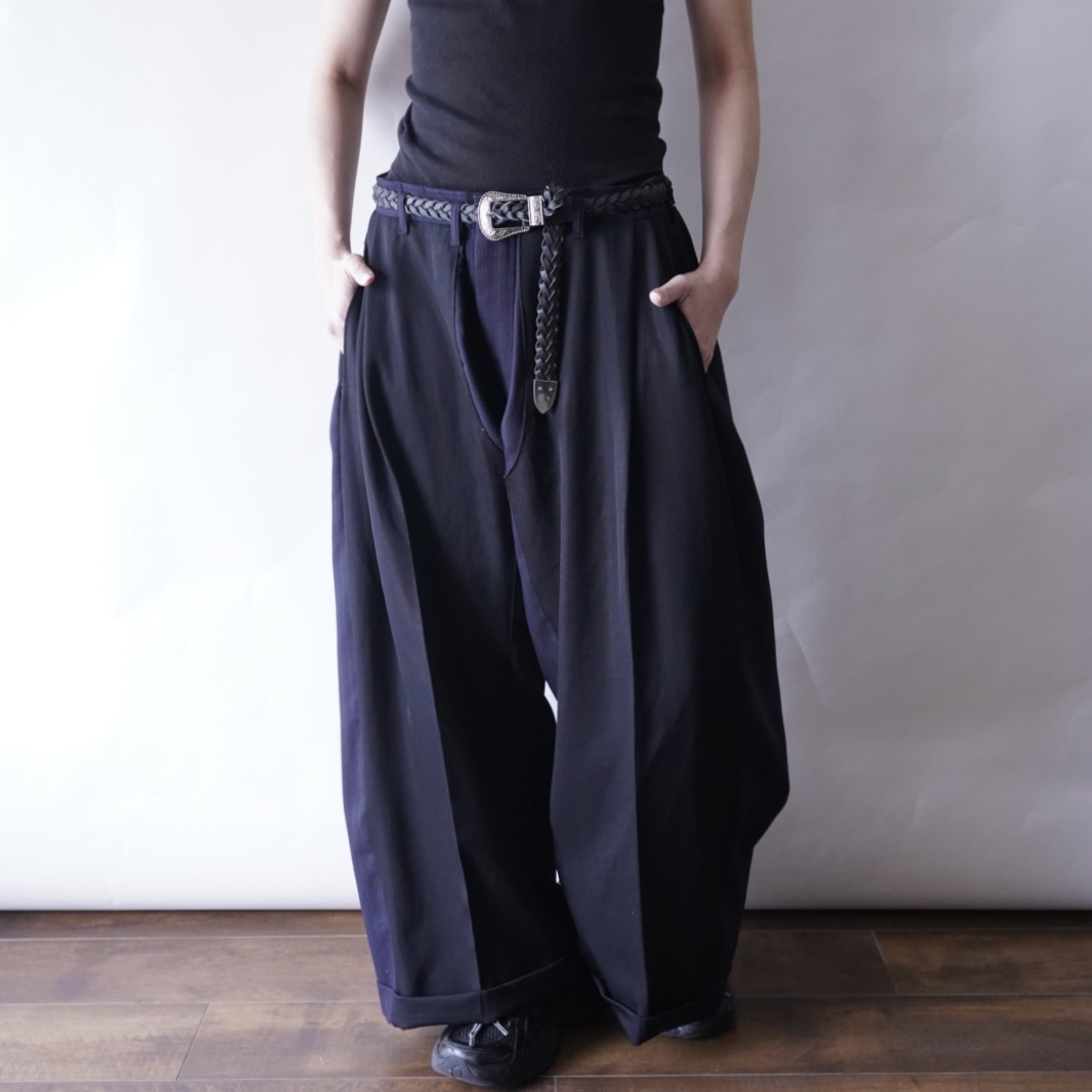 【W / W REMAKE】black × navy stripe docking wide slacks