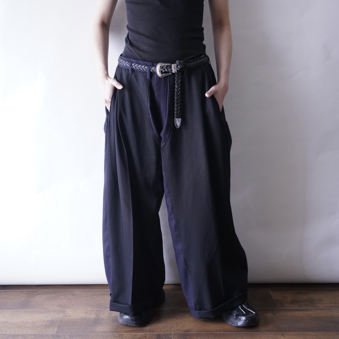 【W / W REMAKE】black × navy stripe docking wide slacks