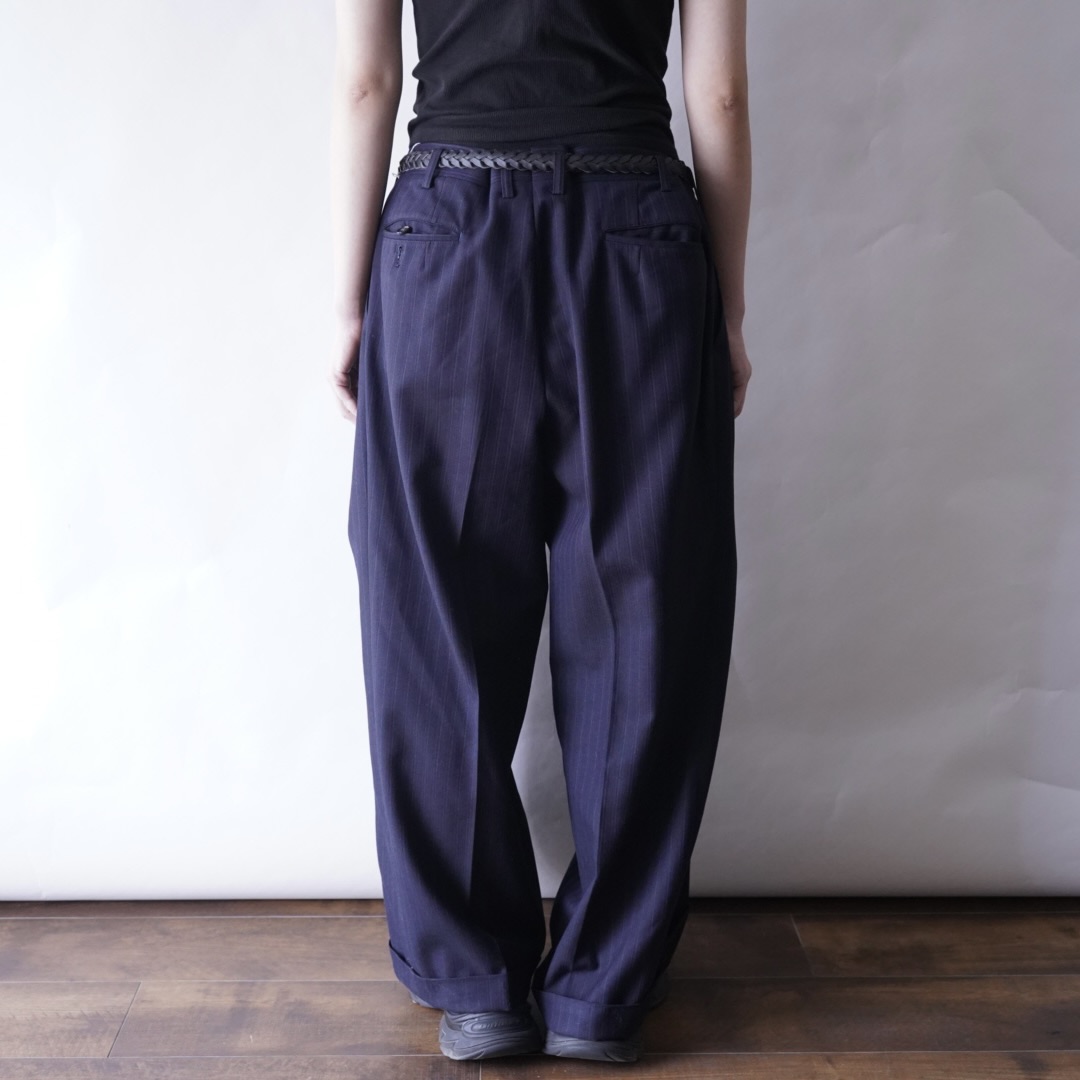 【W / W REMAKE】black × navy stripe docking wide slacks