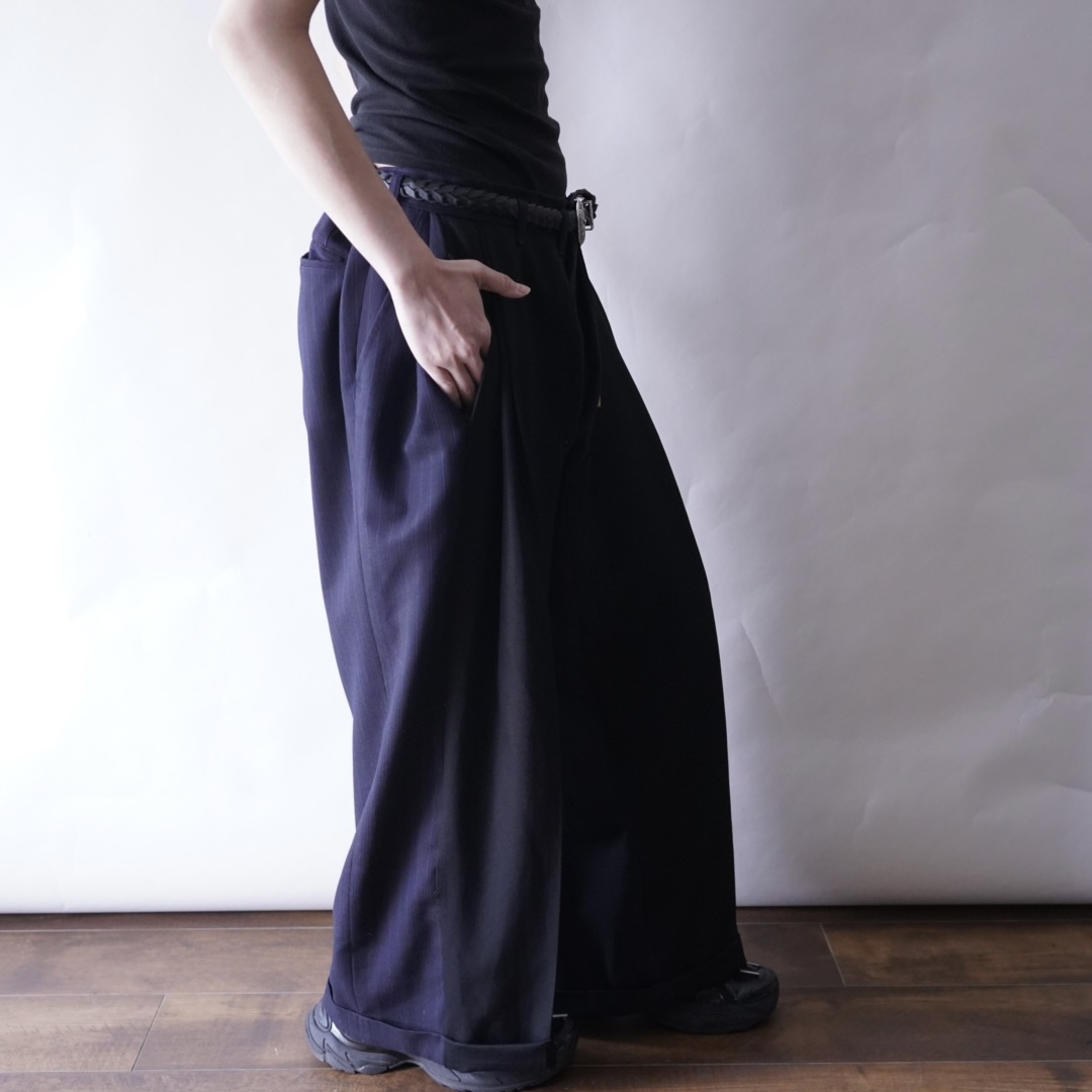 【W / W REMAKE】black × navy stripe docking wide slacks
